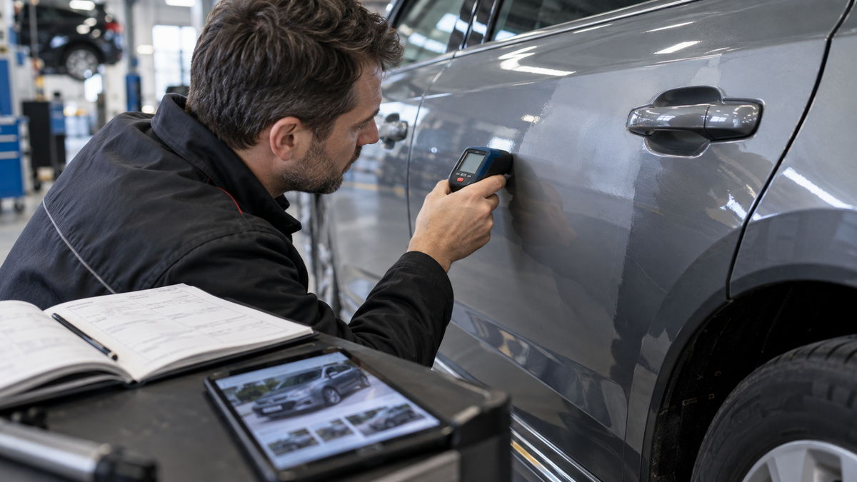 Na snímku je z profilu zachycen muž v černé bundě, který přikládá malé ruční elektronické měřidlo k zadním dveřím šedého osobního automobilu. V popředí vlevo se nachází otevřený sešit s textem a tablet zobrazující snímky vozidla položený na pracovním vozíku. V rozostřeném pozadí je patrné prostředí autodílny se zvednutým vozem a dalším technickým vybavením.