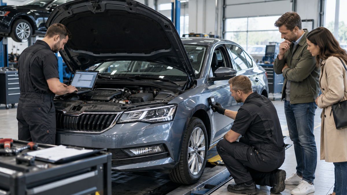 V prostředí autoservisu stojí šedé osobní auto s otevřenou kapotou, u kterého pracují dva automechanici v tmavých pracovních oděvech. Jeden z nich stojí vlevo a ovládá notebook položený v motorovém prostoru, zatímco druhý v dřepu přikládá ruční měřicí přístroj k přednímu blatníku. Tuto činnost zblízka pozoruje stojící pár, muž v zelené bundě a žena v béžovém kabátu. V pozadí je vidět světlý interiér dílny s dalším vozidlem na zvedáku a dalším vybavením.